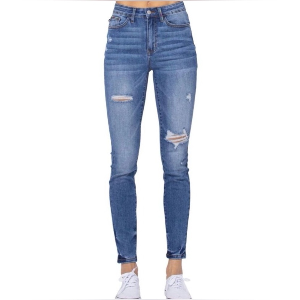 Judy Blue Distressed Skinny Jeans Size 11/30 Multicolor Stitched Pockets